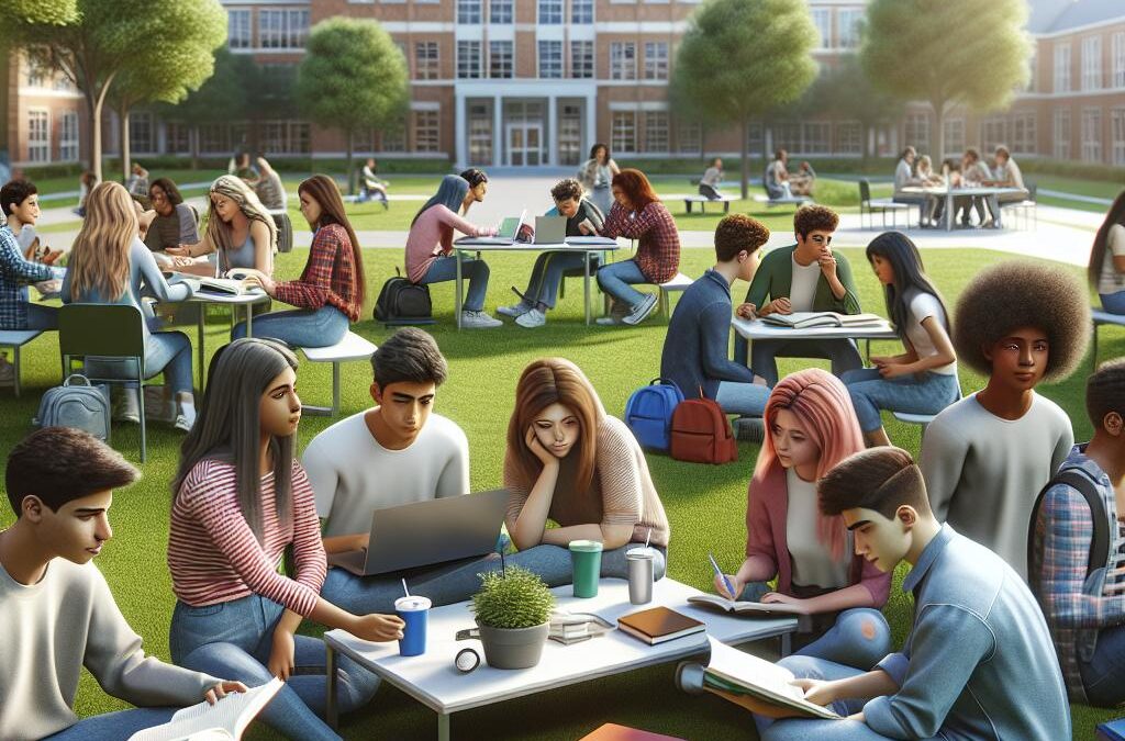 Teenagers studying on campus.