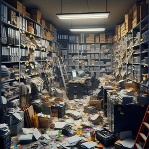 Disheveled office supply room