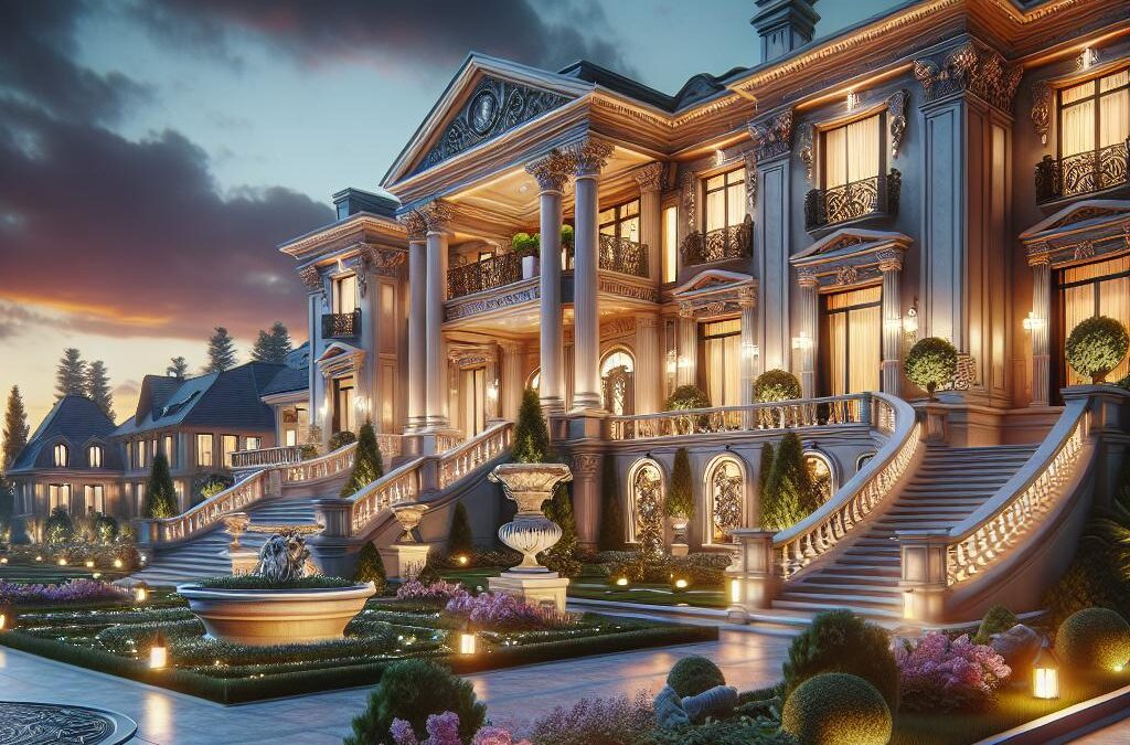 Luxury mansion exterior twilight