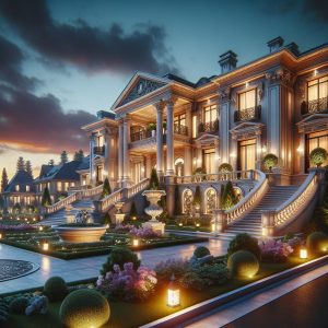 Luxury mansion exterior twilight