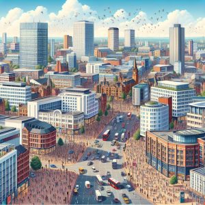 Crowded Birmingham cityscape.