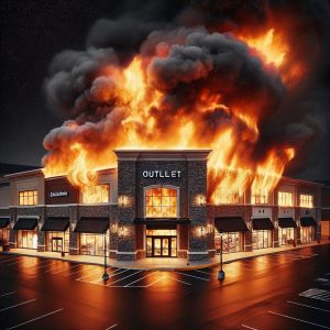 Burning building at outlet