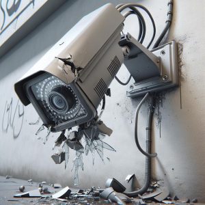 Surveillance camera vandalism aftermath.