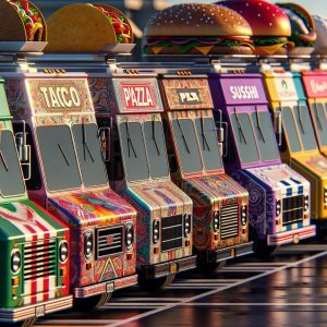 Colorful food truck lineup.