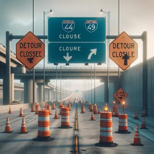 Interstate closure detour signs.