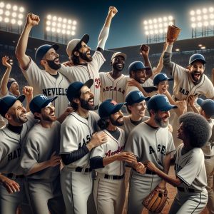 Baseball players celebrating victory.