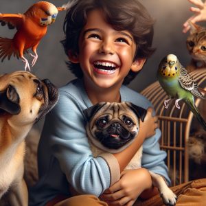 Boy playing with pets.