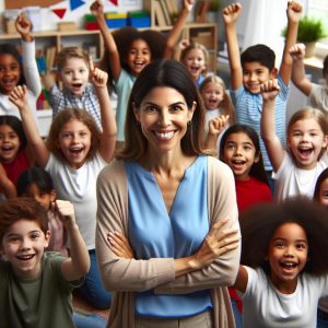 Teacher surrounded by cheering students