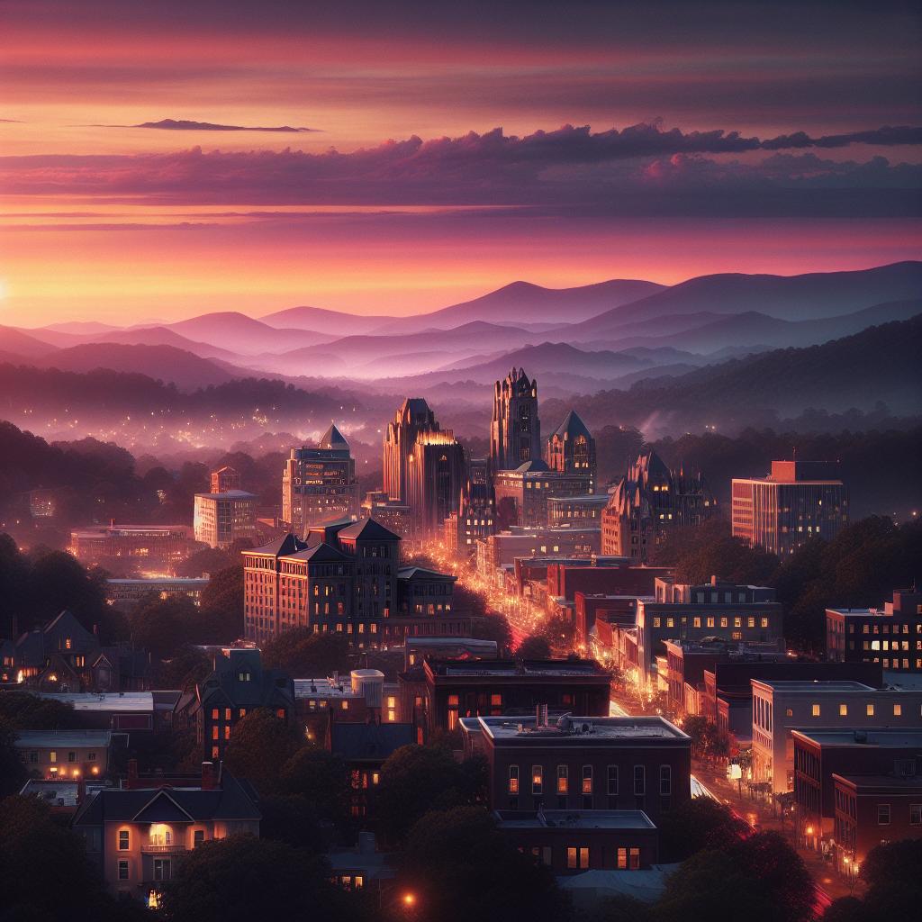 Asheville cityscape at sunset