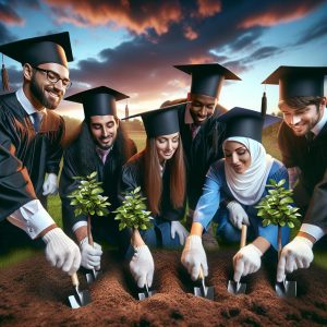 Graduates planting small trees.