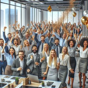 Crowd celebrating new office.