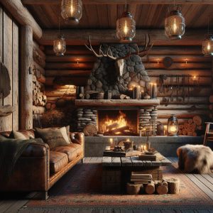 Woodsy cabin interior cozy.