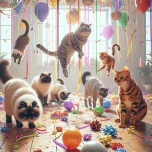 Cats enjoying celebration decorations.