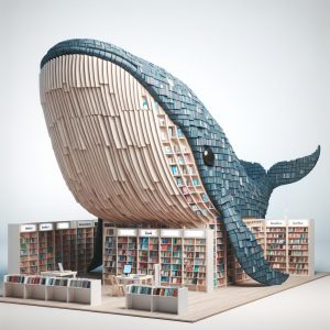 Whale-shaped book fair display.