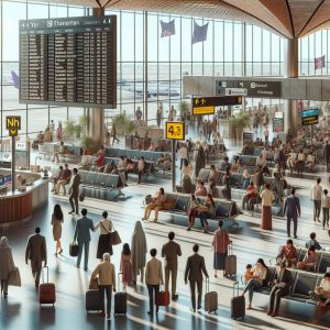 Busy airport terminal scene.