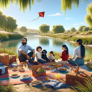 Family picnic by river.