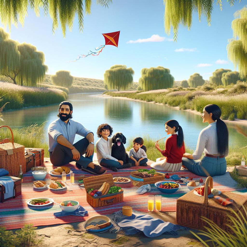 Family picnic by river.