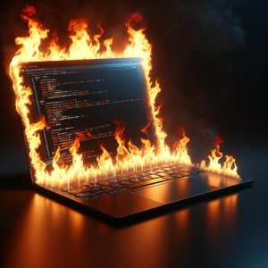 Coding laptop on fire.