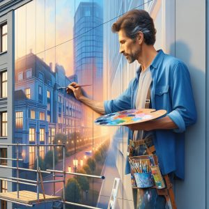 Artist painting hotel mural.