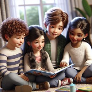 Children reading together happily