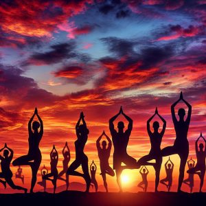 "Yoga class sunset silhouette"