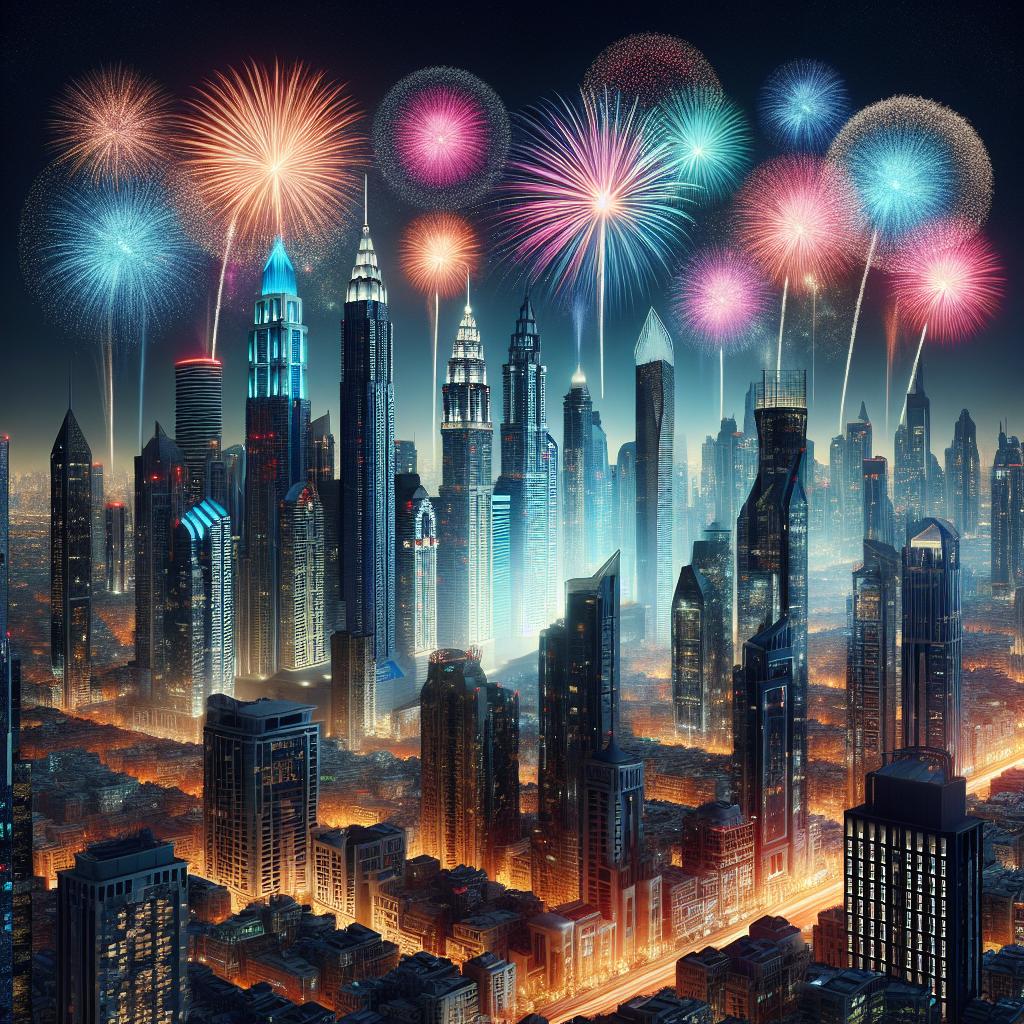 Fireworks over city skyline.