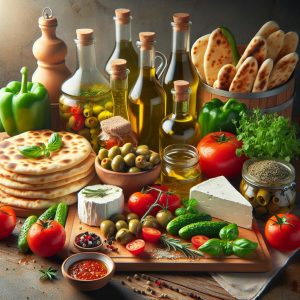 Mediterranean food ingredients display.