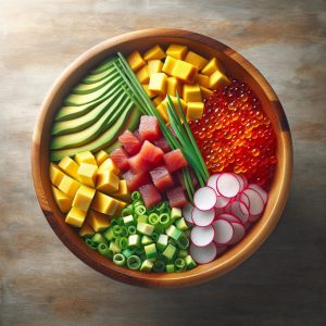 Colorful poke bowl ingredients.