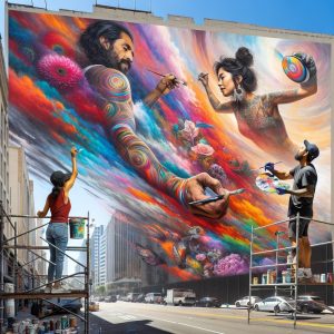 Colorful mural being painted.