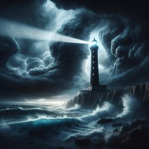 Lighthouse in dark storm.