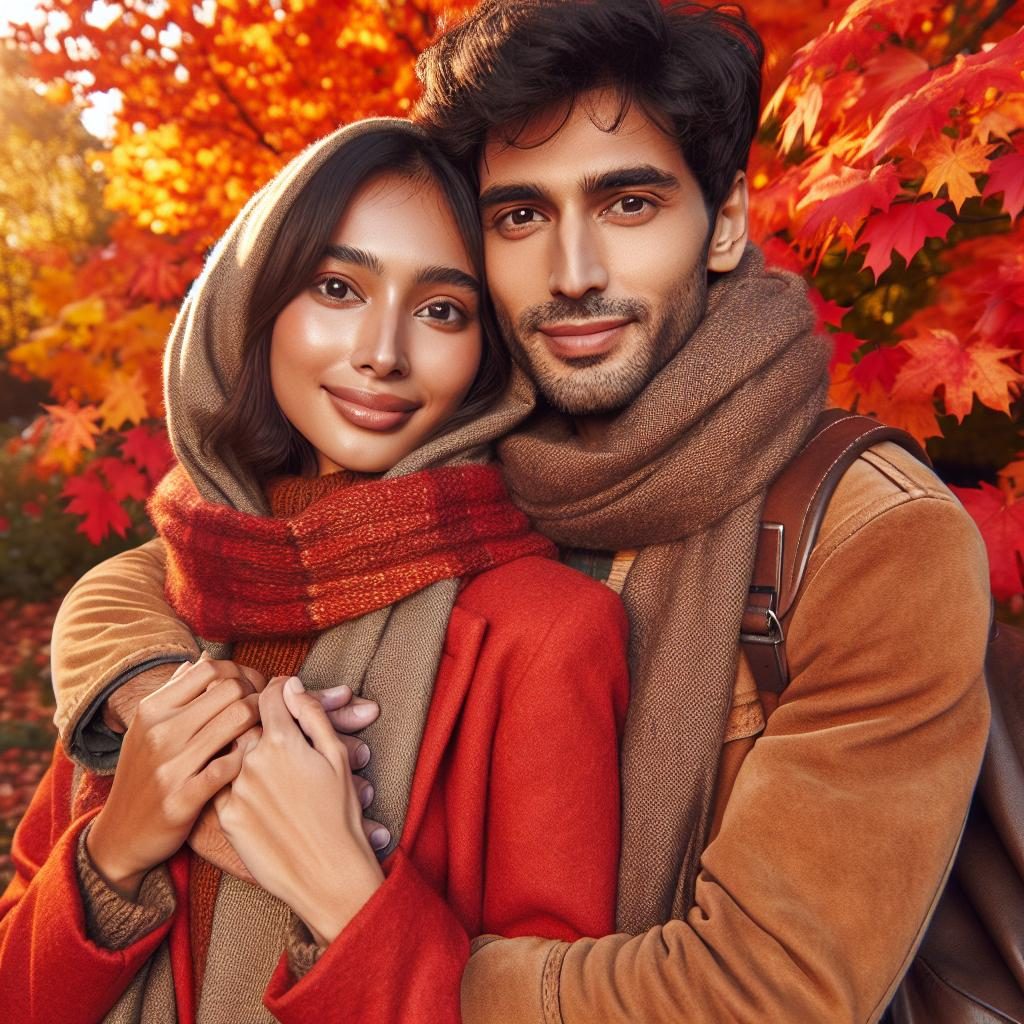 "Fall foliage couple pose"