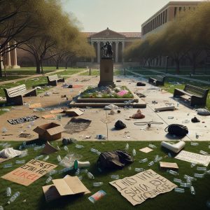 Campus protest aftermath illustration.