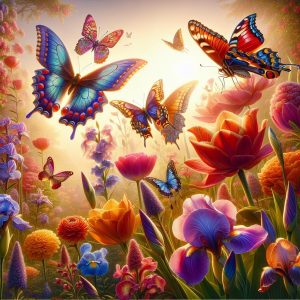 Butterflies and blooming flowers.