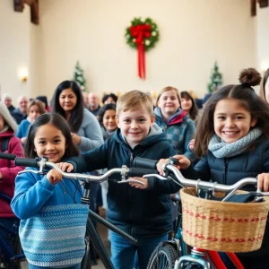 Families participating in a bicycle giveaway at a church in Asheville