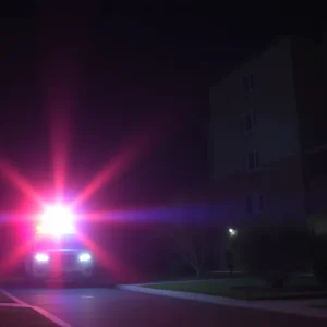 Somber apartment complex scene indicating a tragic event