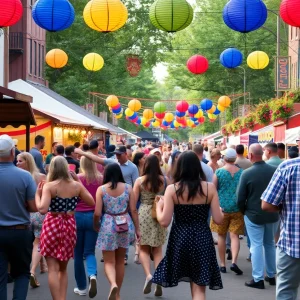 Vibrant festival scene in Asheville featuring dance and food stalls