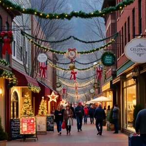 Vibrant street scene of Asheville during the holiday season.