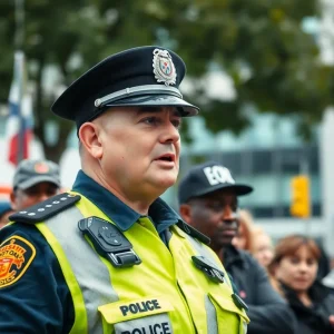 Police officer addressing a crowd in Asheville