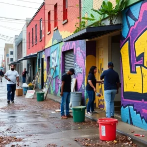 Artists and volunteers working together in the Asheville River Arts District