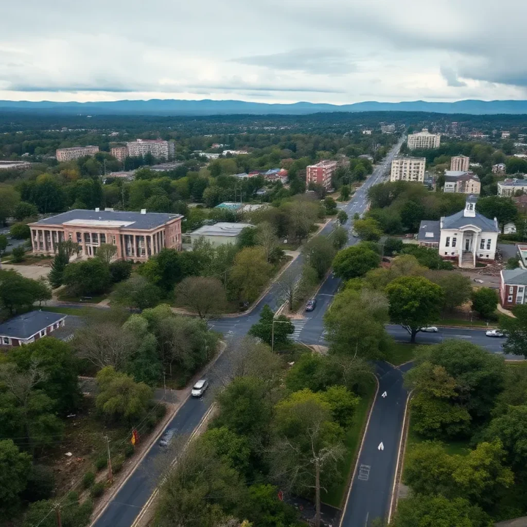 Aerial view of Asheville showing post-hurricane destruction.