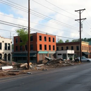 Devastated Asheville cityscape post-Hurricane Helene