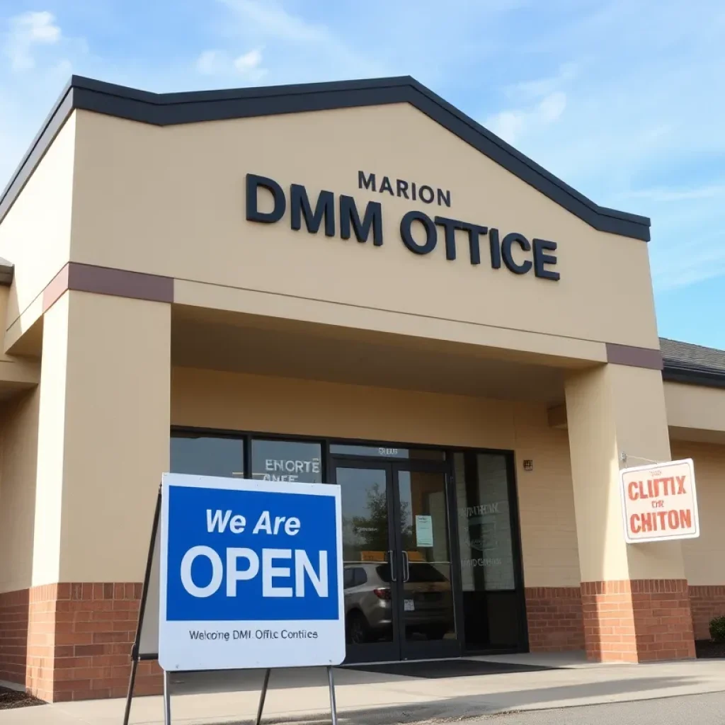 Exterior view of the Marion DMV office with an open sign