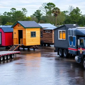 A convoy of tiny homes ready to be delivered to flood victims