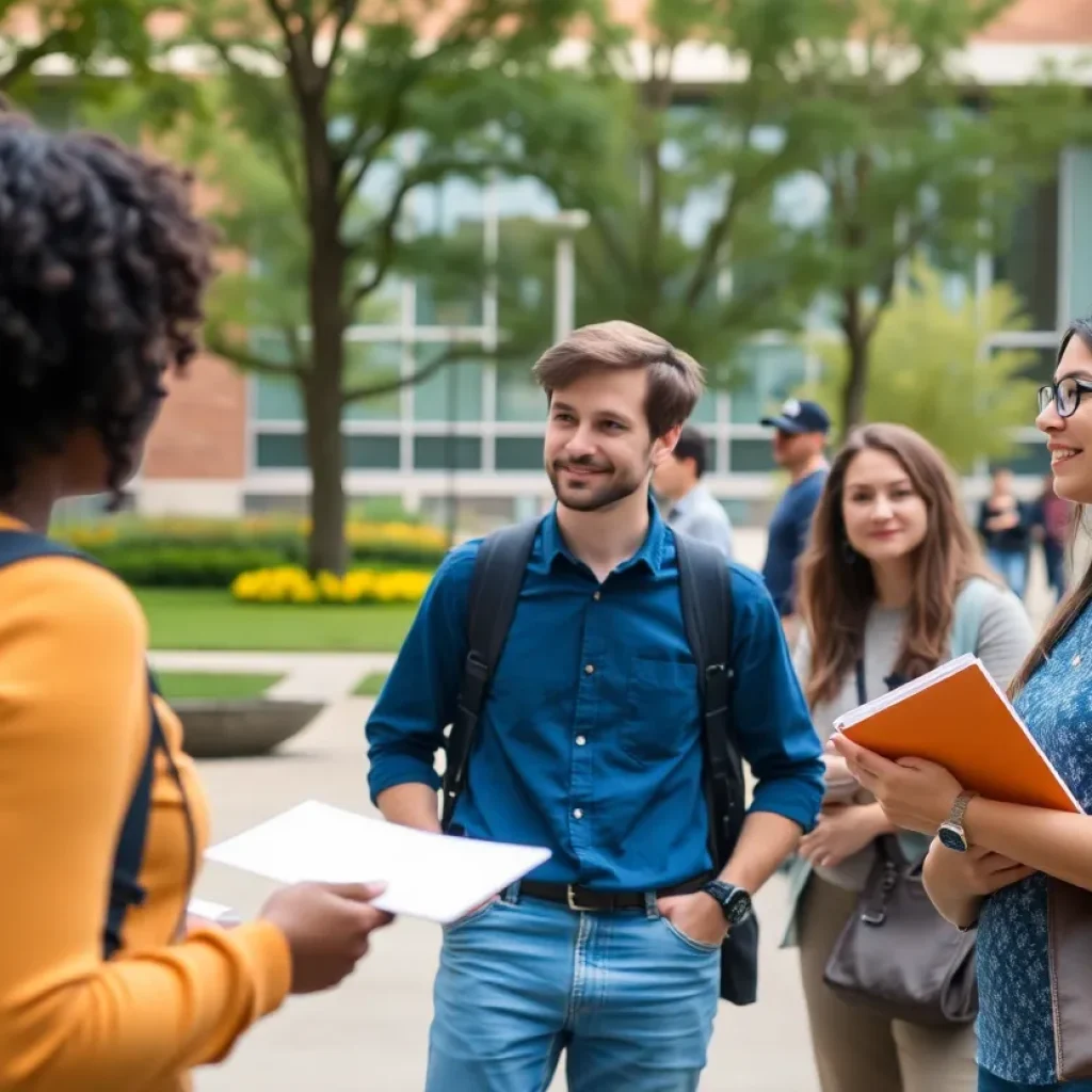 Students on UNC campus discussing academic programs