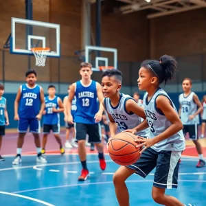 Ambassador Christian boys' basketball team practicing on the court