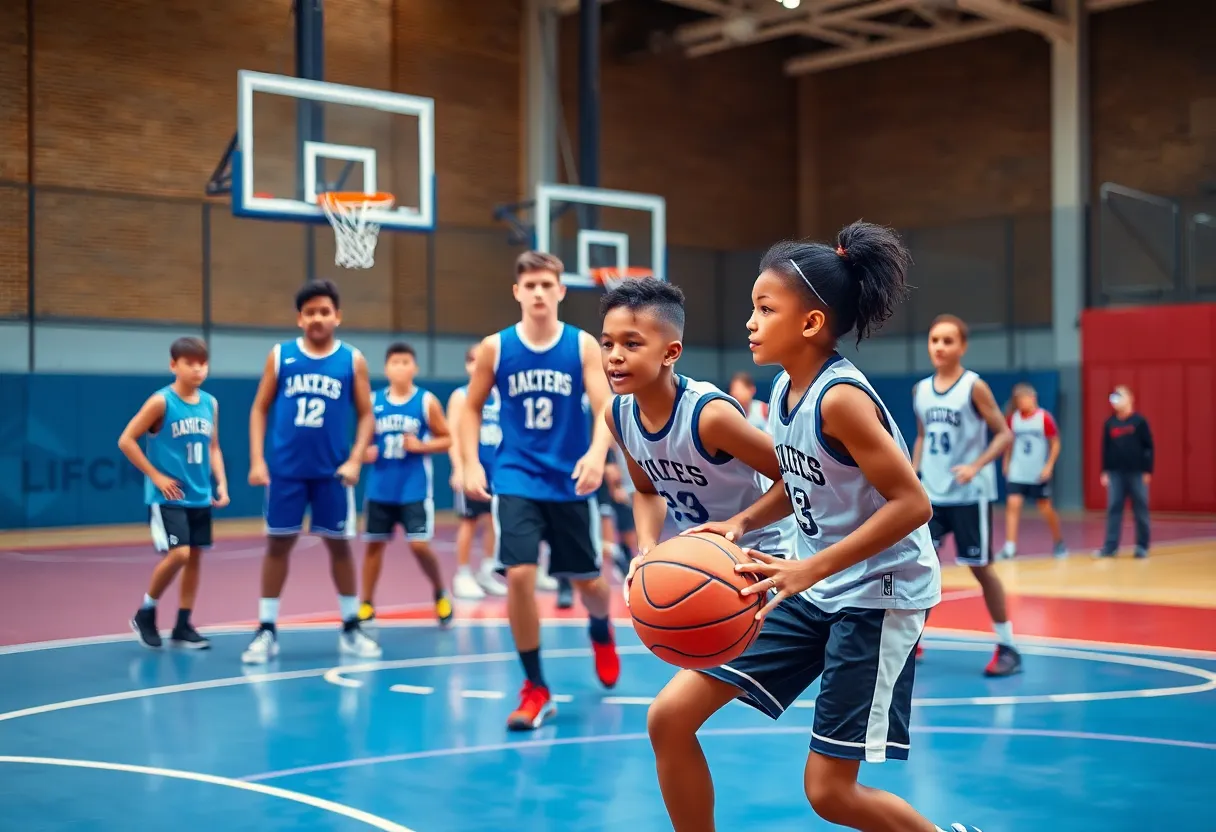 Ambassador Christian boys' basketball team practicing on the court