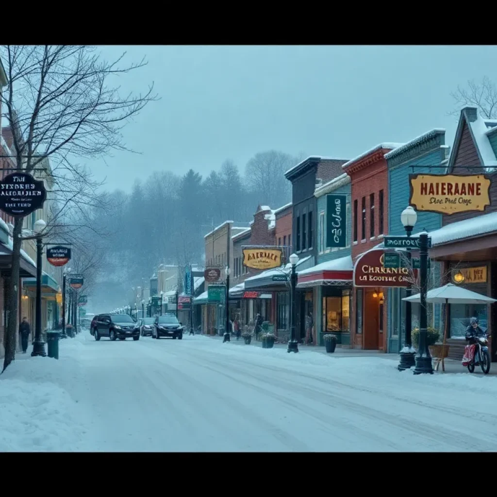 Snowy scene of Asheville businesses