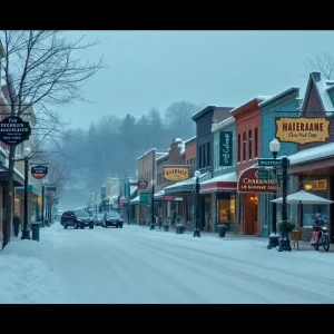 Snowy scene of Asheville businesses