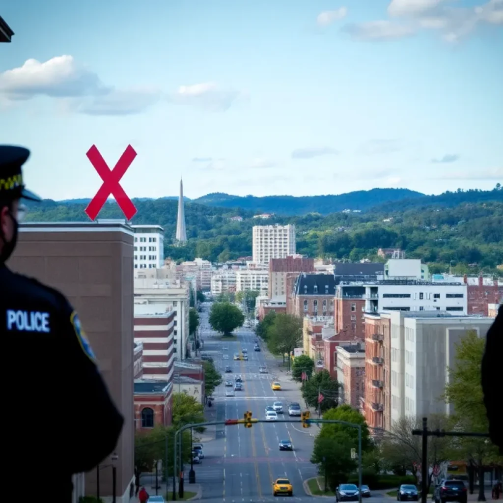 Asheville cityscape showing a law enforcement presence.