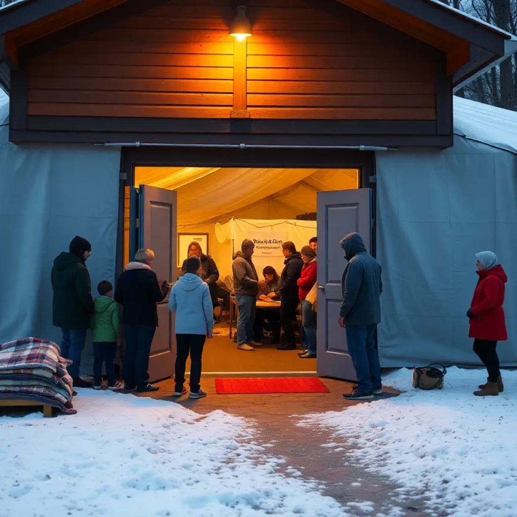 Emergency shelter setup in Asheville for the homeless during winter cold snap.